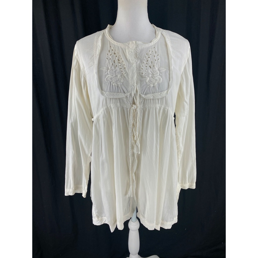 Chan Luu L Eyelet Prairie Floral Pleated Blouse Hippie Boho Sheer Cottagecore